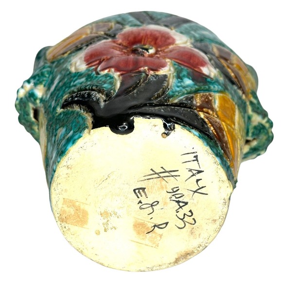 Vtg Italy Sgraffito Pottery Vase Signed Hand Painted Handles Allow Hanging 7” - Picture 9 of 11